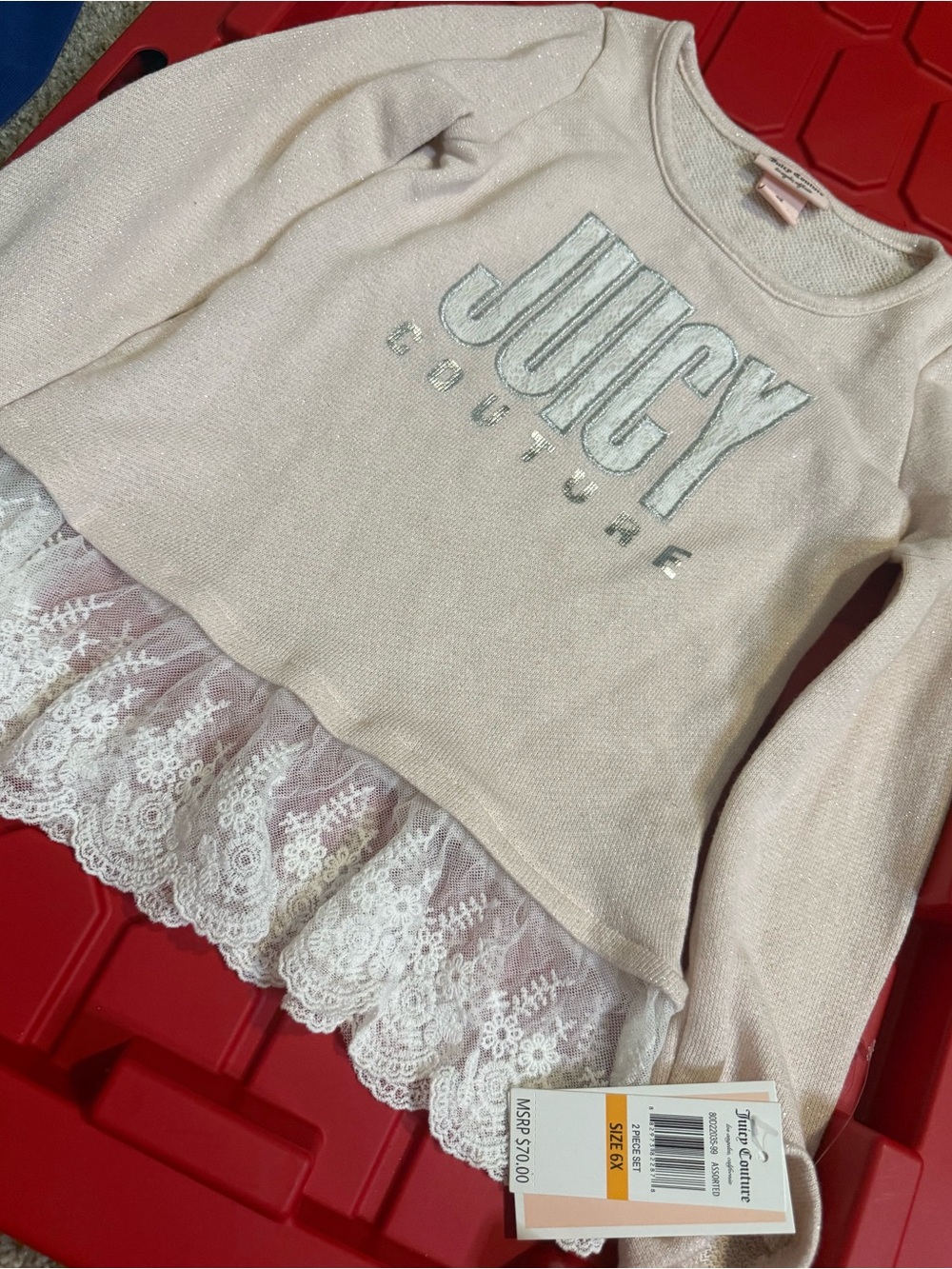 New Juicy Couture Girls' Pink Lace-Trim Sweatshirt